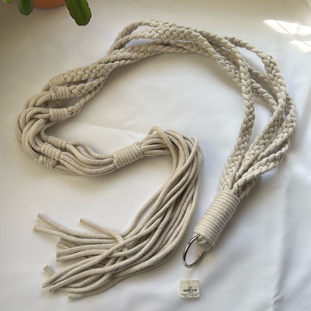 CB2 macrame hanging pot plant holder cream rope silver hardwear